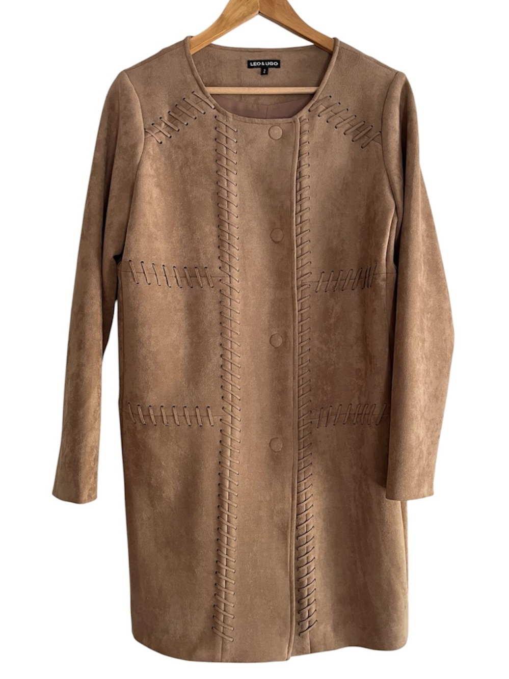 Leo & Ugo Faux Suede Longline Coat Whipstitch Size 2 Camel